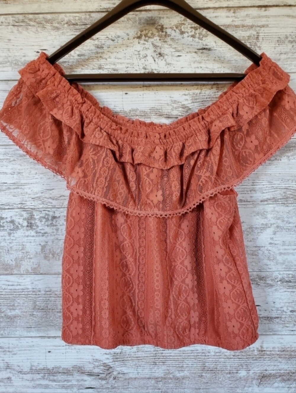 No Boundaries Boho Lace Off Shoulder Smocked Tassel Blouse Top Salmon - Picture 3 of 12